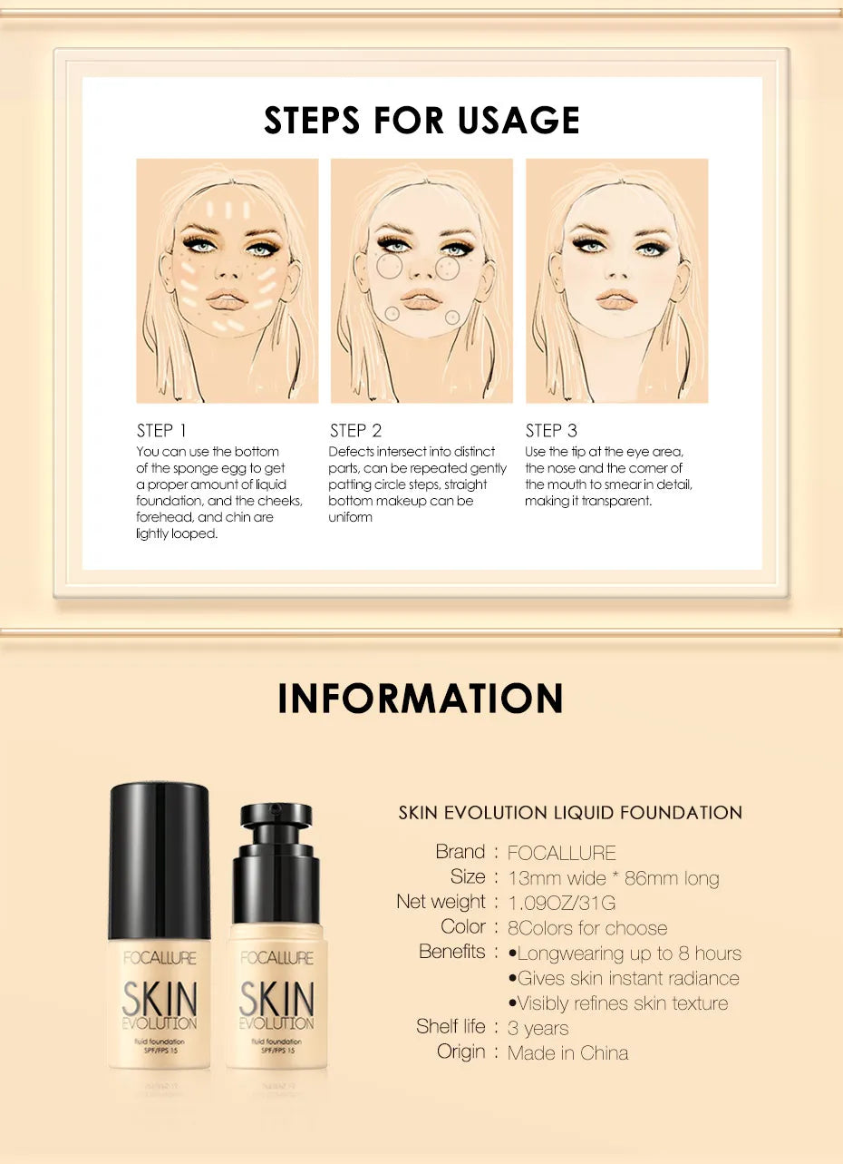 Focallure Base visage liquide fond de teint crème couverture complète correcteur contrôle de l'huile fond de teint hydratant crème maquillage pour les femmes