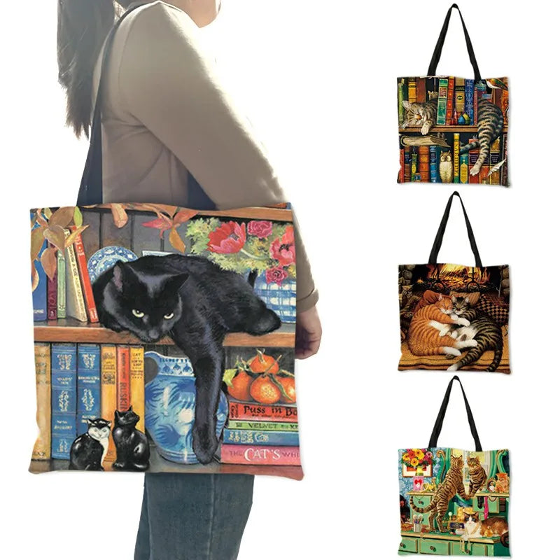 Sac à main en lin réutilisable pour femme, fourre-tout à bandoulière avec imprimé chat, 2019
