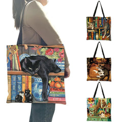 Sac à main en lin réutilisable pour femme, fourre-tout à bandoulière avec imprimé chat, 2019