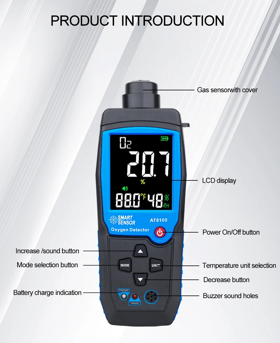 Capteur Intelligent Numérique d'Oxygène, Détecteur de Gaz, Alarme Sonore et Lumineuse, Moniteur de Qualité de l'Air avec Écran LCD de Température