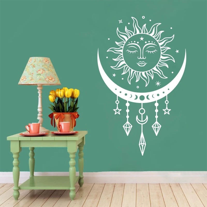 Celestial sun and moon wall stickers, bedroom wall decor, Boho, mystical magic moon, vinyl art sticker, car window decor