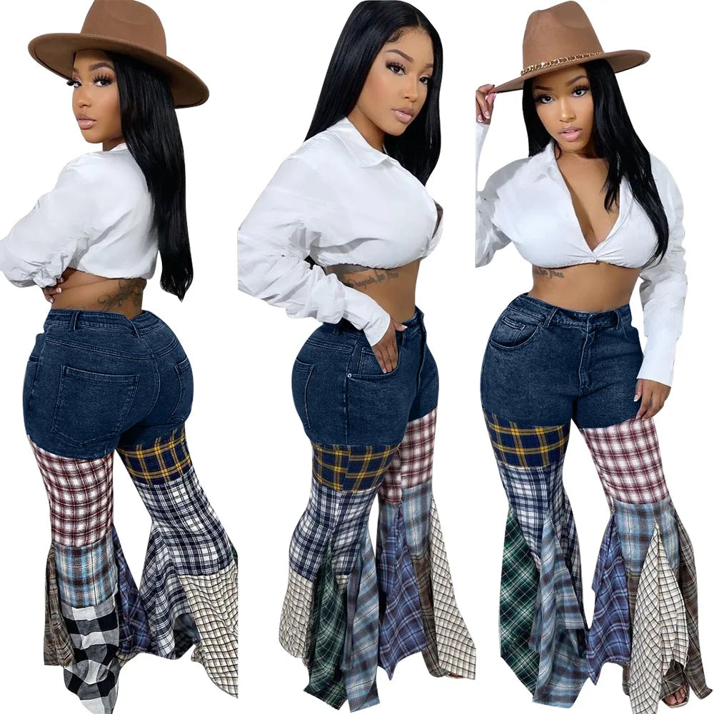 LD83176 Women's Pants &amp; Trousers Plaid Jeans Denim Pants Ladies Jeans Flare Ripped Women Jeans Trousers With Ruffles