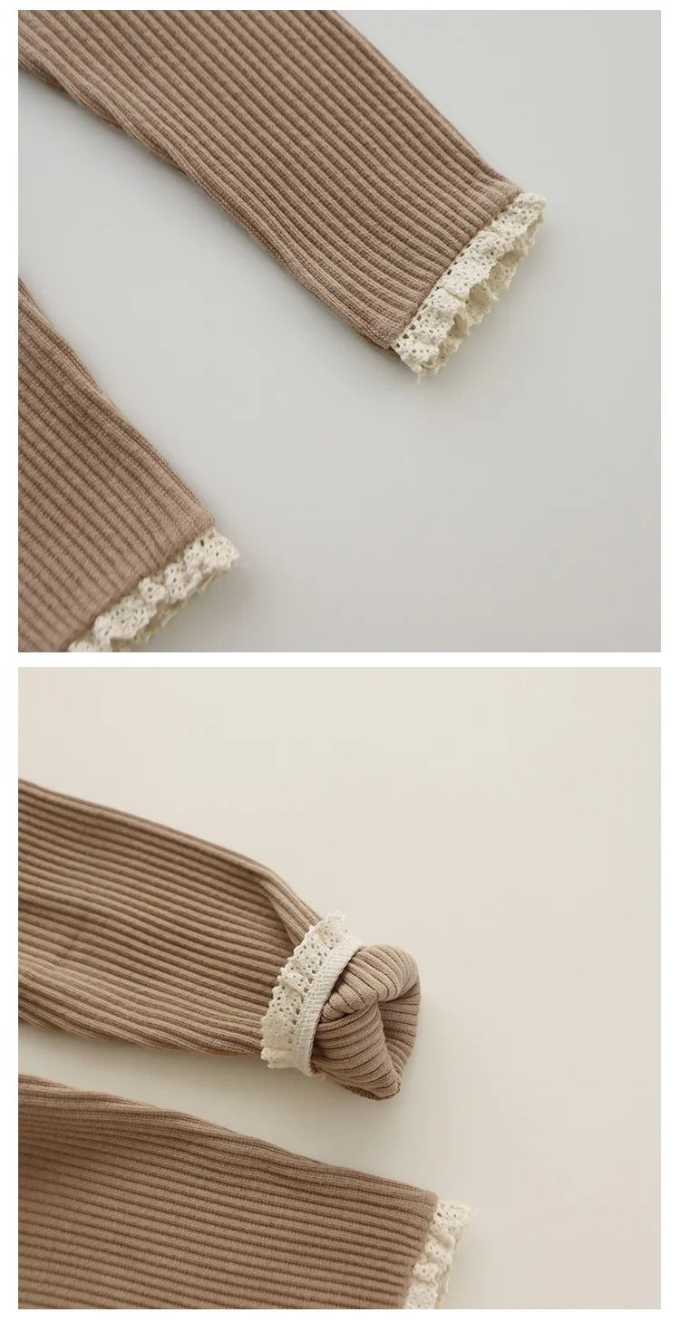 Leggings pour nouveau-né fille, vêtements pour nourrissons, en coton côtelé, solides, en dentelle, bouche de pied, pantalons slim, vêtements pour bébé