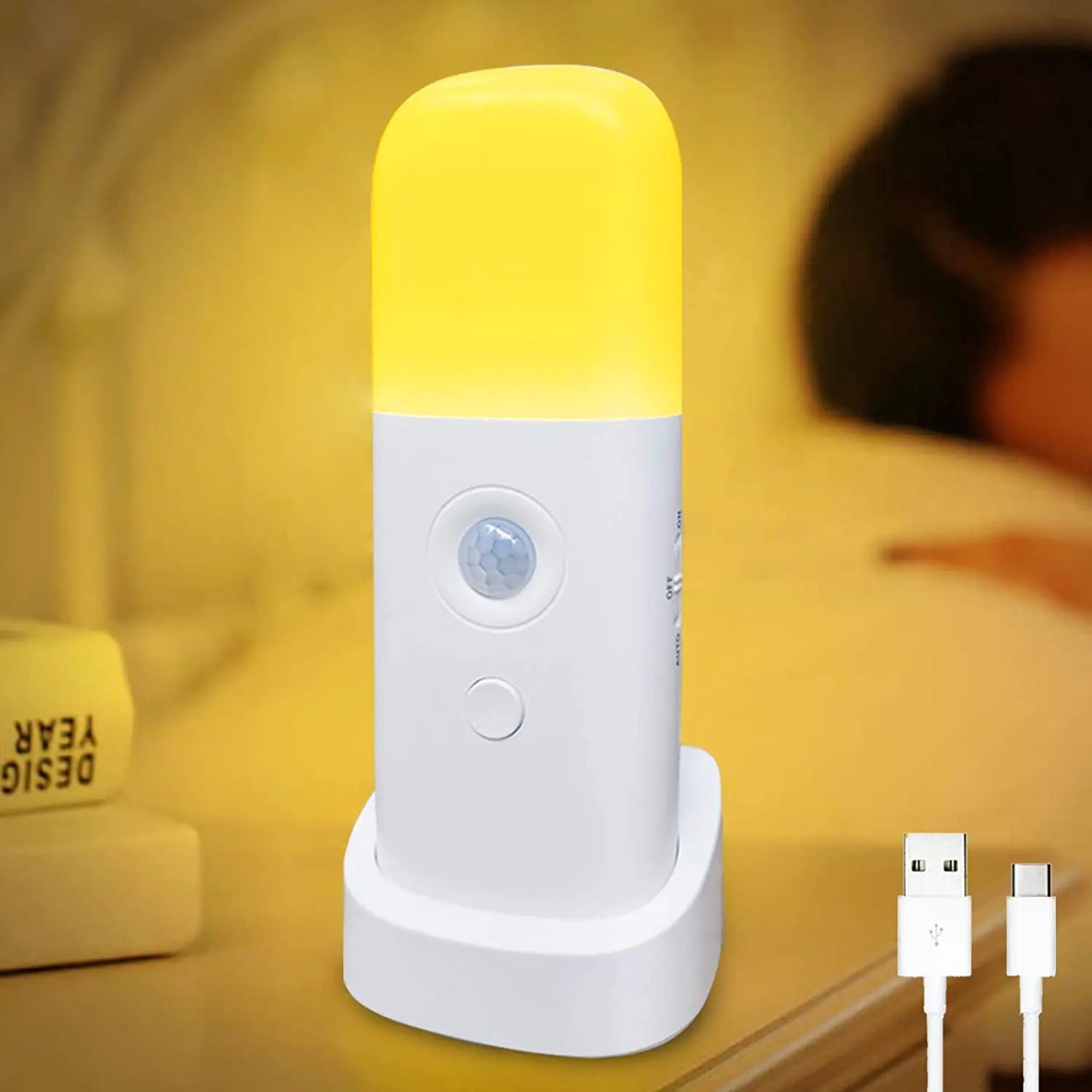 Veilleuse d'intérieur avec détecteur de mouvement, lumière LED à intensité variable rechargeable par USB, lampe de nuit portable activée par le mouvement pour chambre d'enfant