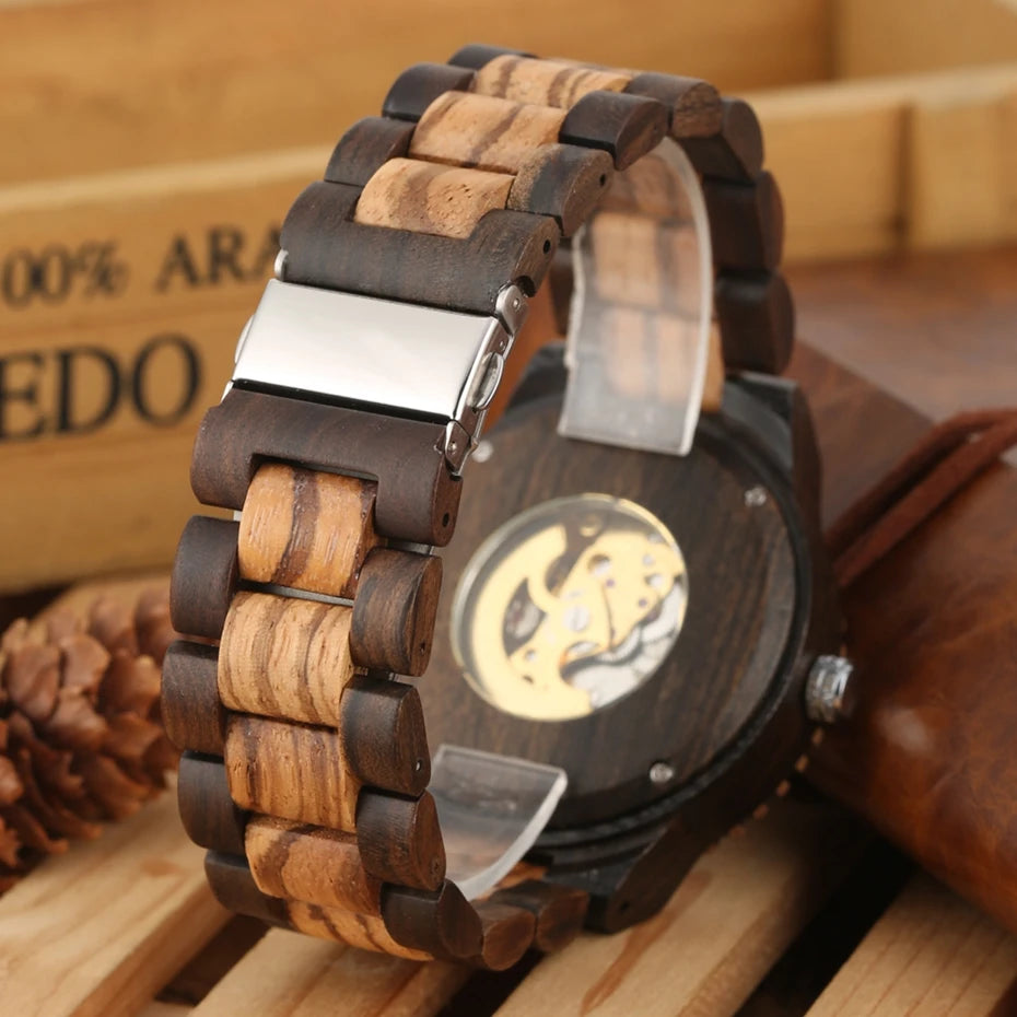 Luxury men's watches, automatic round watch, fashionable wooden clock, adjustable wooden strap, mechanical wristwatch