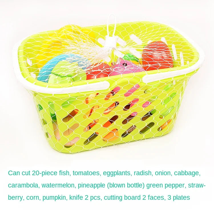 Jouets alimentaires de cuisine avec panier de rangement, jouets pour tout-petits, jeu de découpe, semblant de fruits et accessoires, shopping