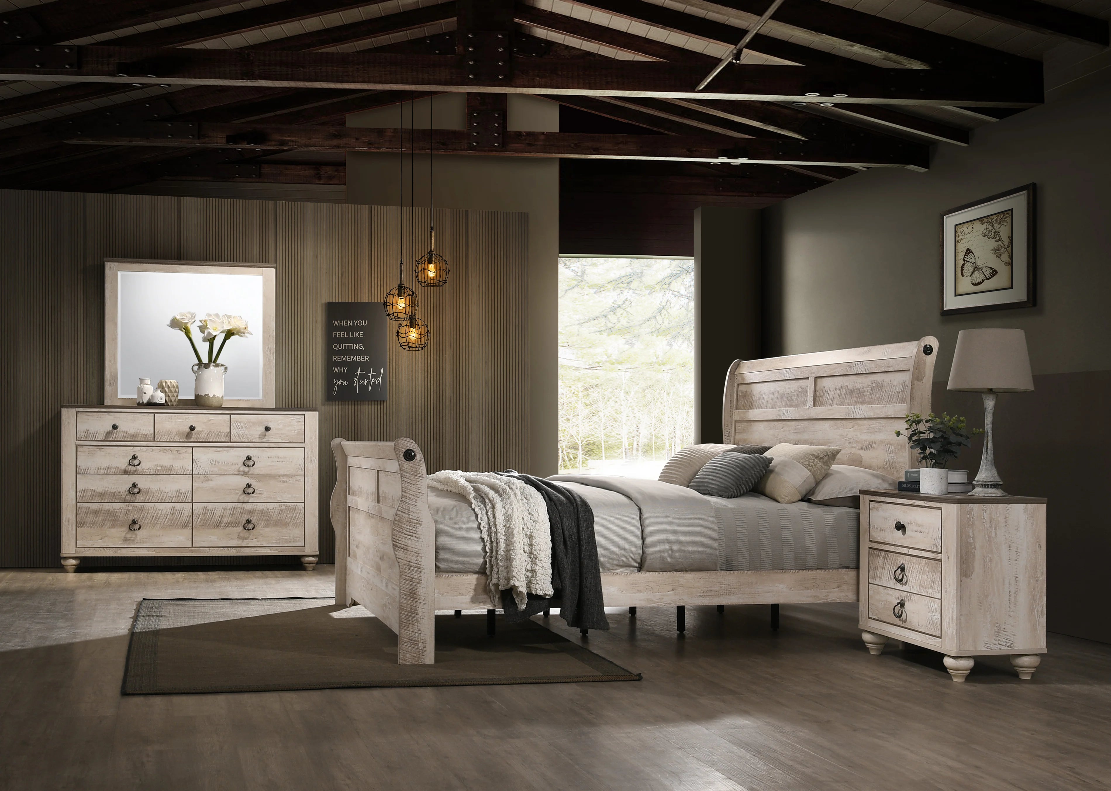 Imerland Contemporary White Wash Finish Bedroom Set With King Sleigh Bed Dresser Mirror and Two Nightstands