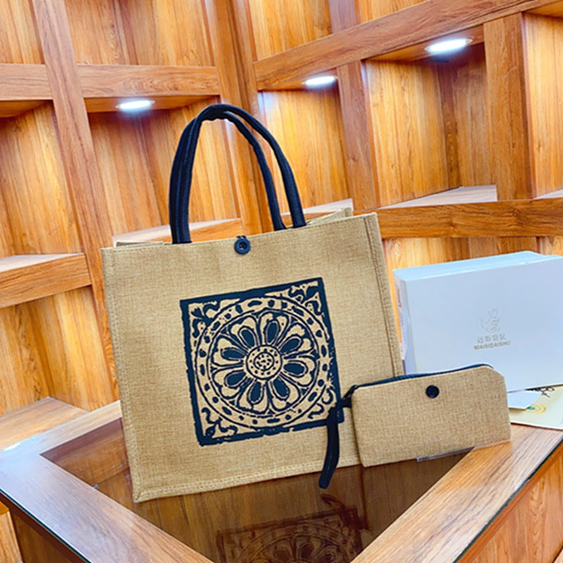 Sac fourre-tout en lin 2 pièces, sac à main en toile de grande capacité, sacs de Shopping, sac de maquillage, porte-monnaie pour mariage, cadeau d'anniversaire, vacances à la plage