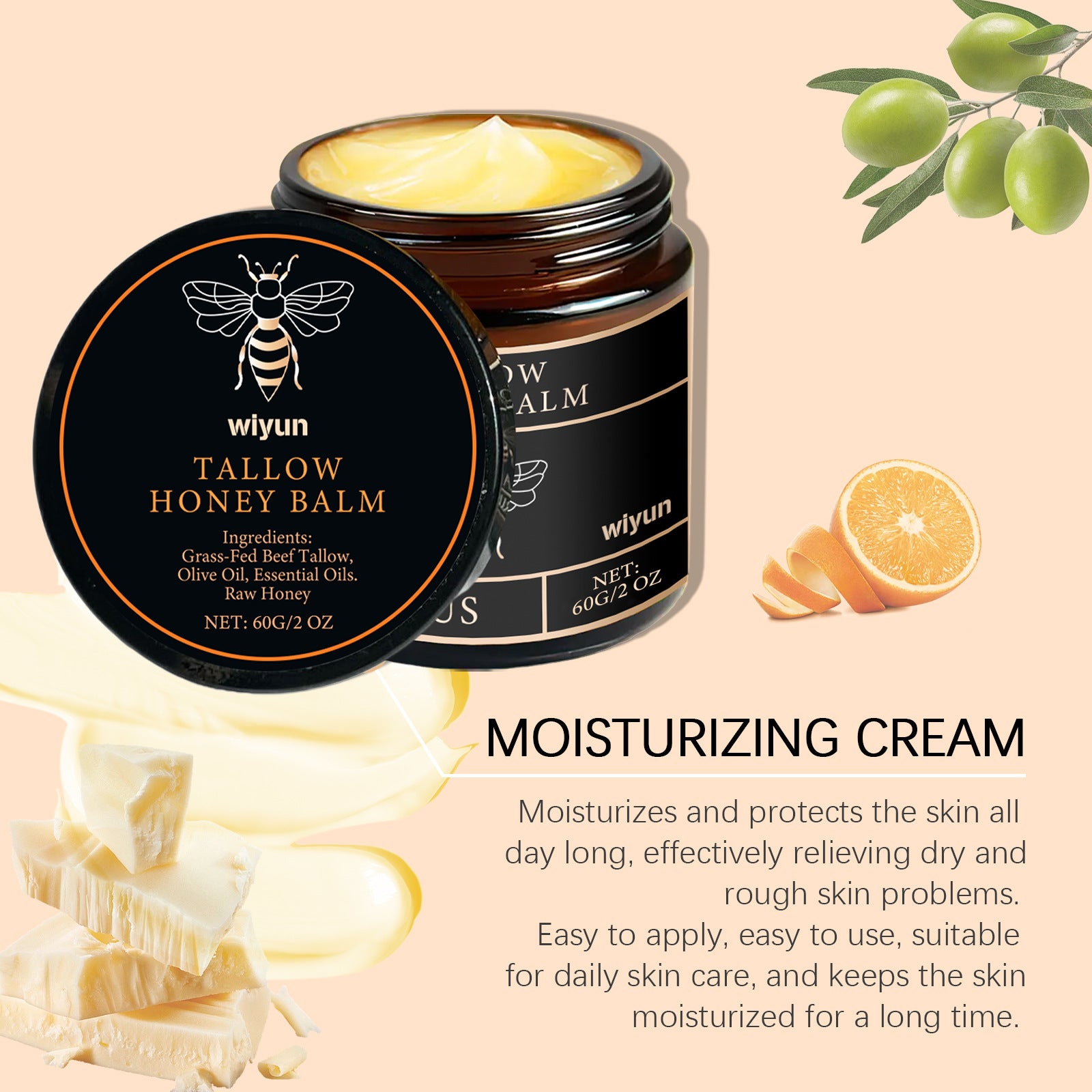 Baume de Tallow de boeuf alimenté en herbe biologique, miel cru, hydratant, doux, améliore l'élasticité, crème hydratante lisse longue durée, soins pour la peau