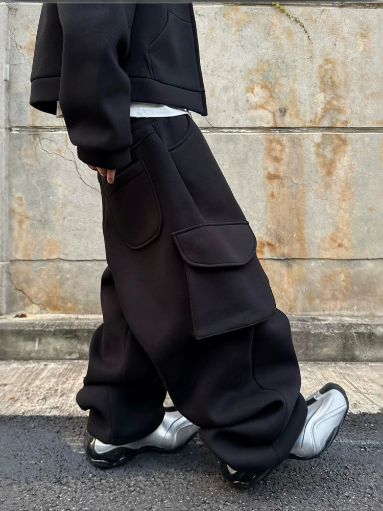 Mjd Heavy-Duty Three-Dimensional Pleated Curved Hem Sweatpants with Large Pockets, Baggy Style, Jogger Cuffs, Gray Sports Trousers Koin