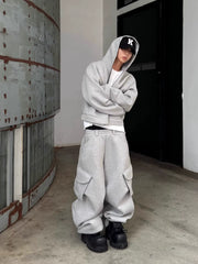 Mjd Heavy-Duty Three-Dimensional Pleated Curved Hem Sweatpants with Large Pockets, Baggy Style, Jogger Cuffs, Gray Sports Trousers Koin