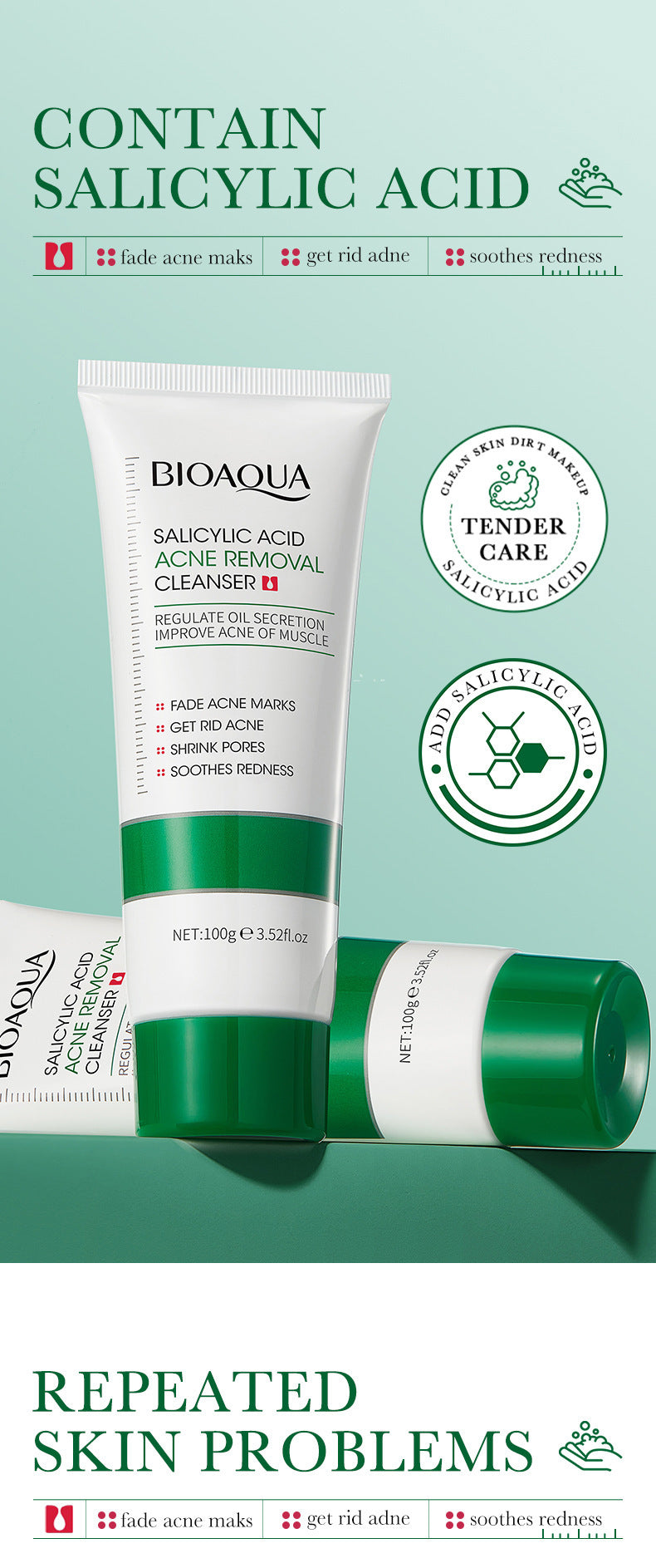 BIOAQUA acide salicylique nettoyant pour le visage traitement de l'acné hydratant contrôle de l'huile soin de la peau mousse de lavage du visage nettoyant pour le visage soins de la peau