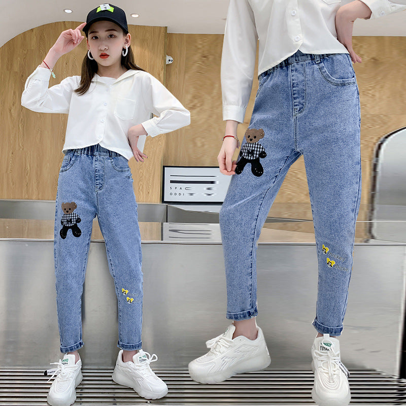 New Fashion Girls Jean Spring Summer and Autumn Soft Casual Boutique Cotton Kawaii Girls Elegant Jean Children's Pants 3-12Y