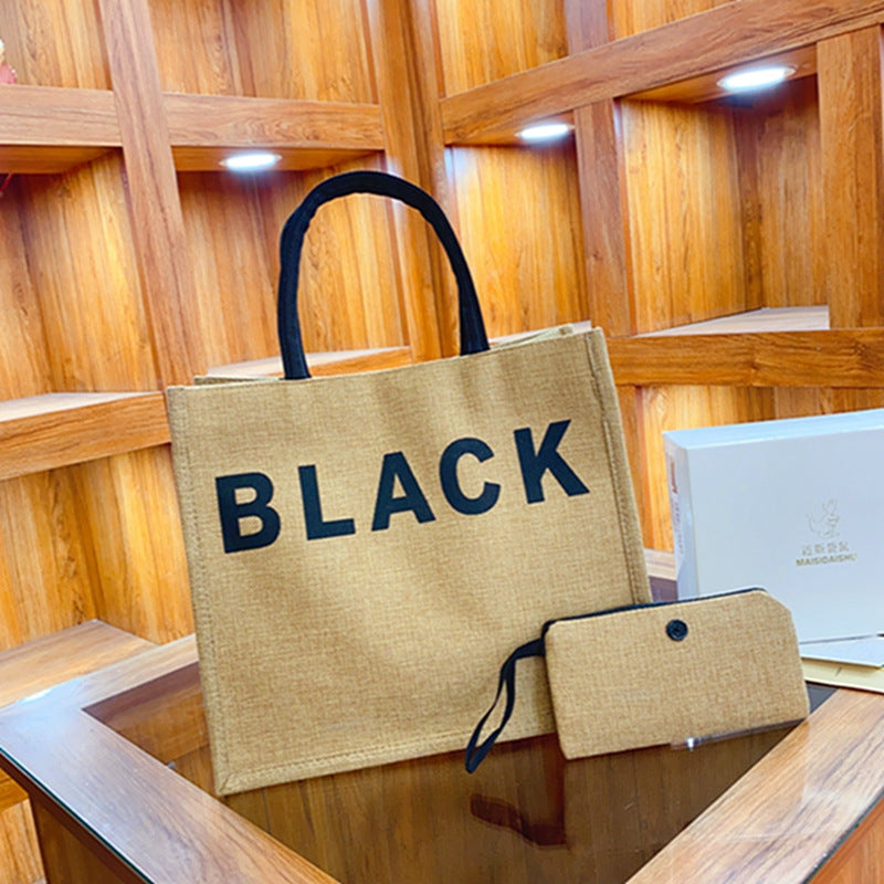 Sac fourre-tout en lin 2 pièces, sac à main en toile de grande capacité, sacs de Shopping, sac de maquillage, porte-monnaie pour mariage, cadeau d'anniversaire, vacances à la plage