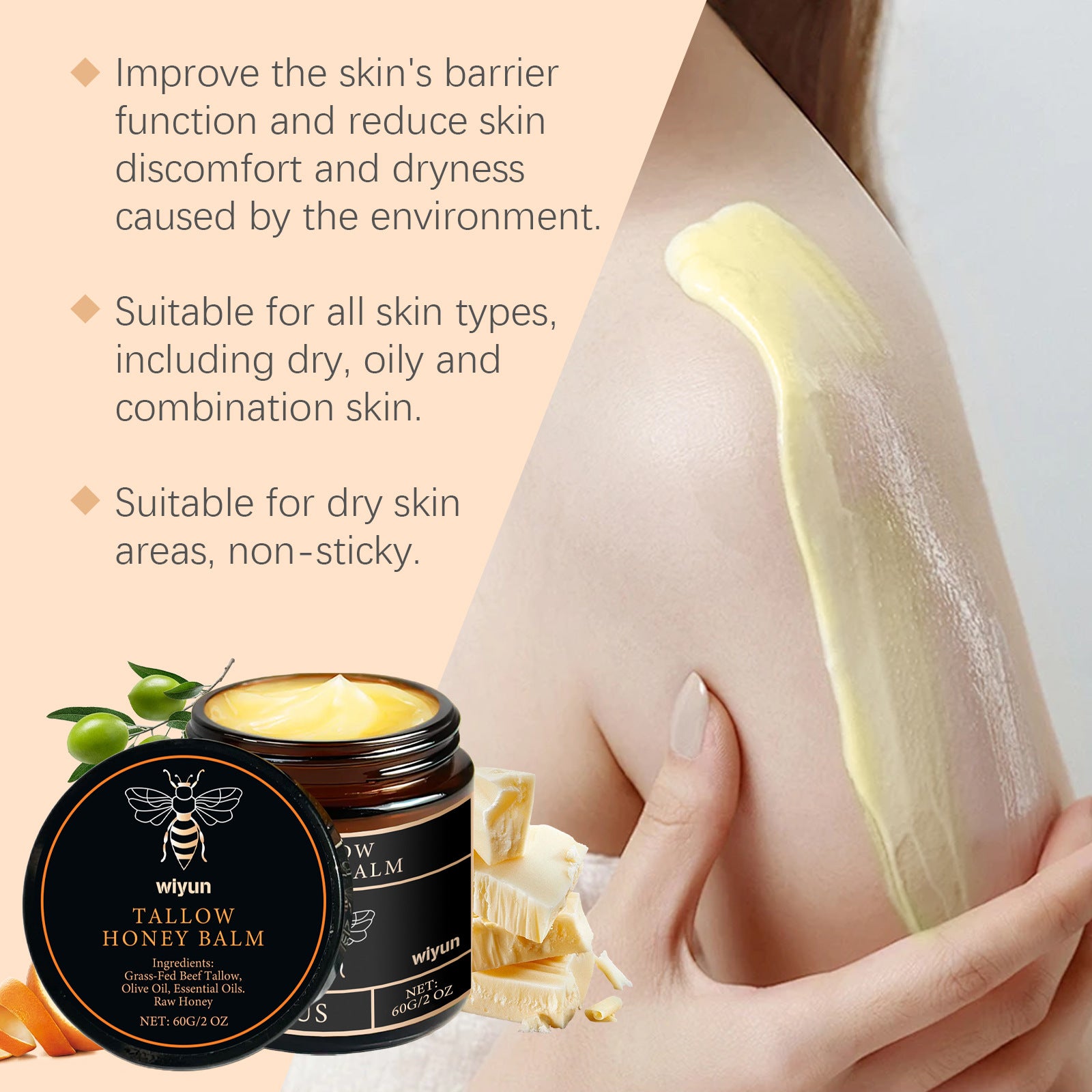 Baume de Tallow de boeuf alimenté en herbe biologique, miel cru, hydratant, doux, améliore l'élasticité, crème hydratante lisse longue durée, soins pour la peau