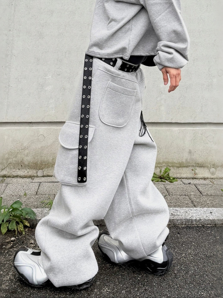 Mjd Heavy-Duty Three-Dimensional Pleated Curved Hem Sweatpants with Large Pockets, Baggy Style, Jogger Cuffs, Gray Sports Trousers Koin