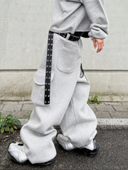 Mjd Heavy-Duty Three-Dimensional Pleated Curved Hem Sweatpants with Large Pockets, Baggy Style, Jogger Cuffs, Gray Sports Trousers Koin