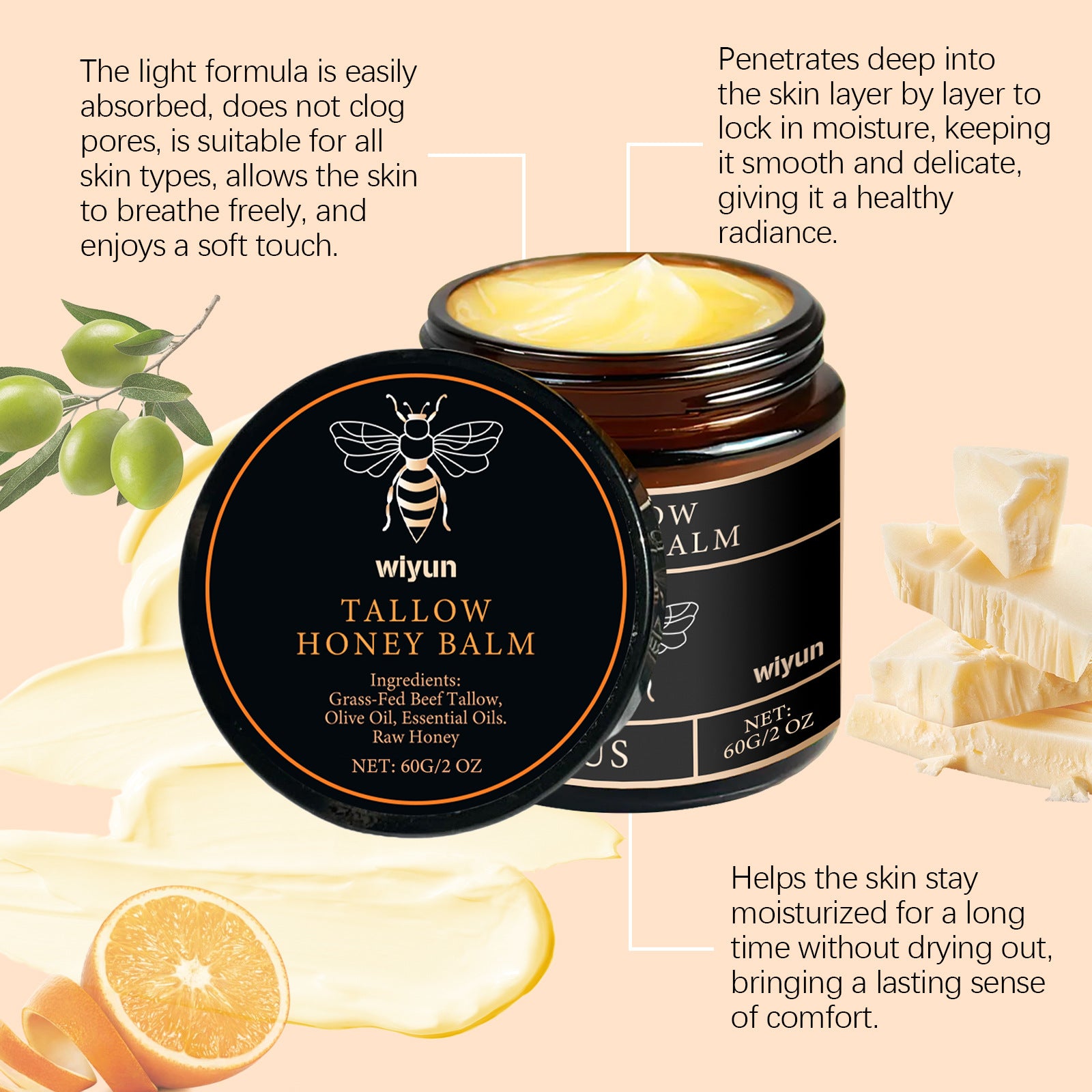 Baume de Tallow de boeuf alimenté en herbe biologique, miel cru, hydratant, doux, améliore l'élasticité, crème hydratante lisse longue durée, soins pour la peau