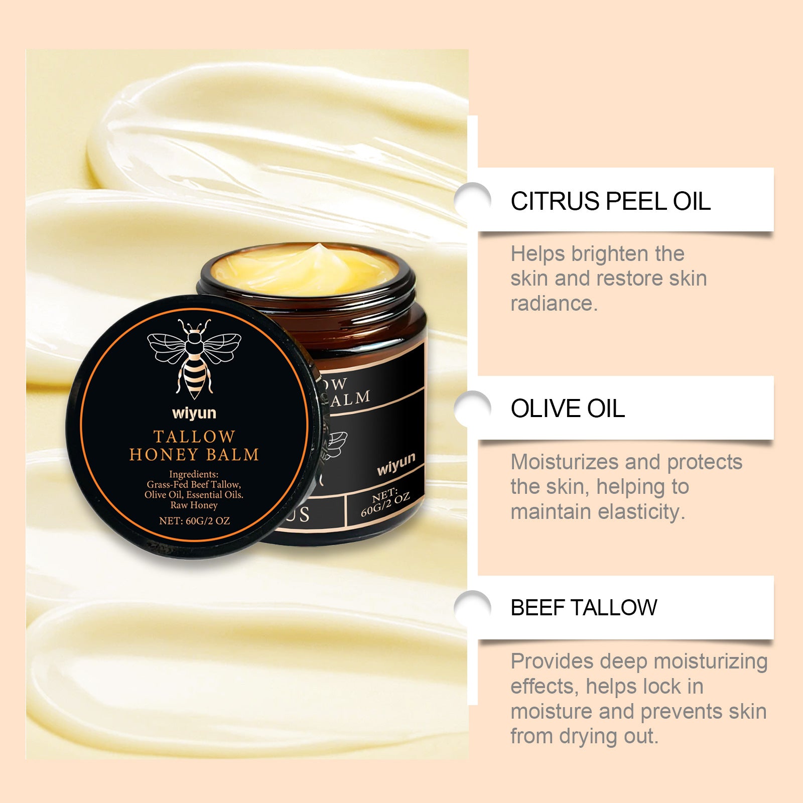 Baume de Tallow de boeuf alimenté en herbe biologique, miel cru, hydratant, doux, améliore l'élasticité, crème hydratante lisse longue durée, soins pour la peau