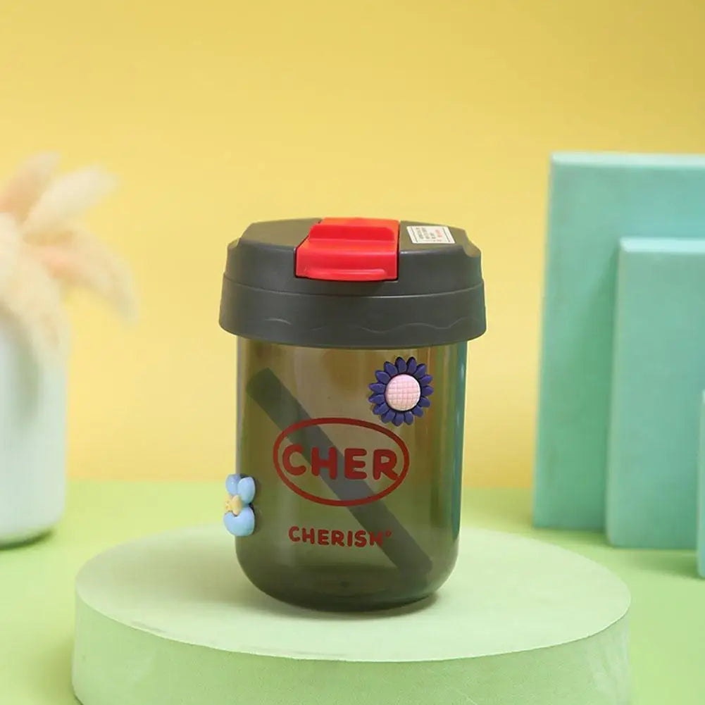 Mini Bouteille d'Eau avec Paille Anti-Chute pour Enfant Fille, 300ml, Mignon, Portable, pour dehors en Plein Air, Lait, Café, Frite, Thé