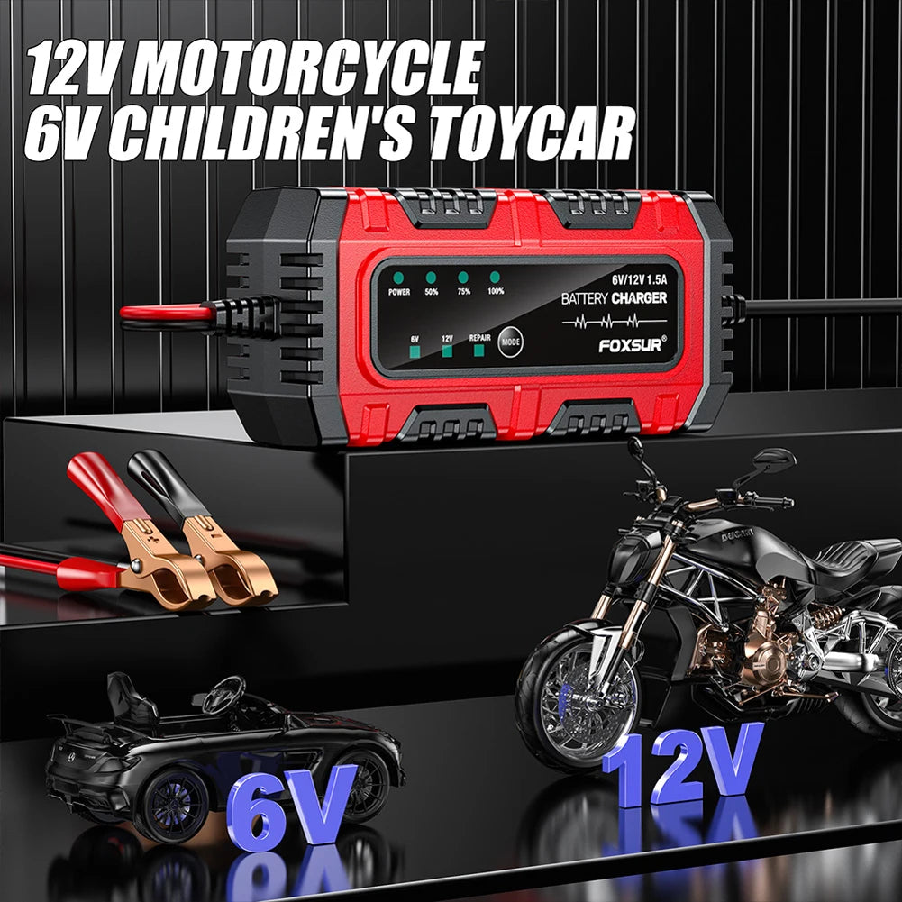 6V 12V 1.5A Electric Car Battery Charger, for Electric Motorcycles, Smart, for Car, Truck, Boat, SUV, AGM GEL Lead-Acid Batteries