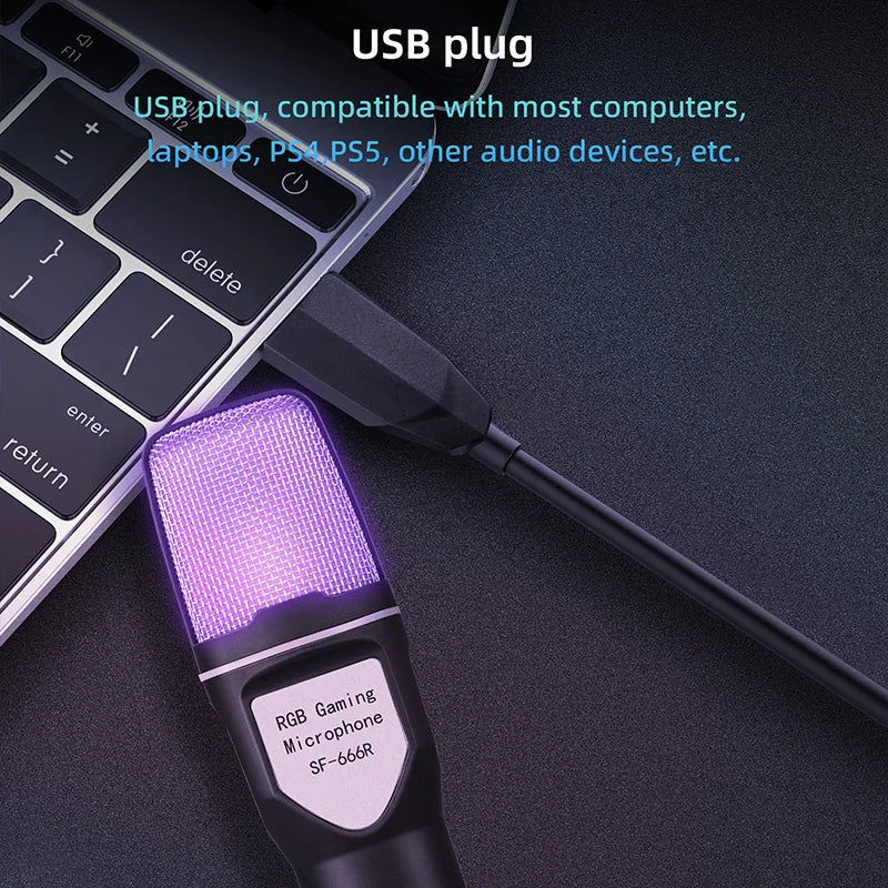 Microphone USB à condensateur RVB, fil de réduction de bruit, micro de jeu pour podcast, studio statique, streaming, ordinateur portable, ordinateur de bureau