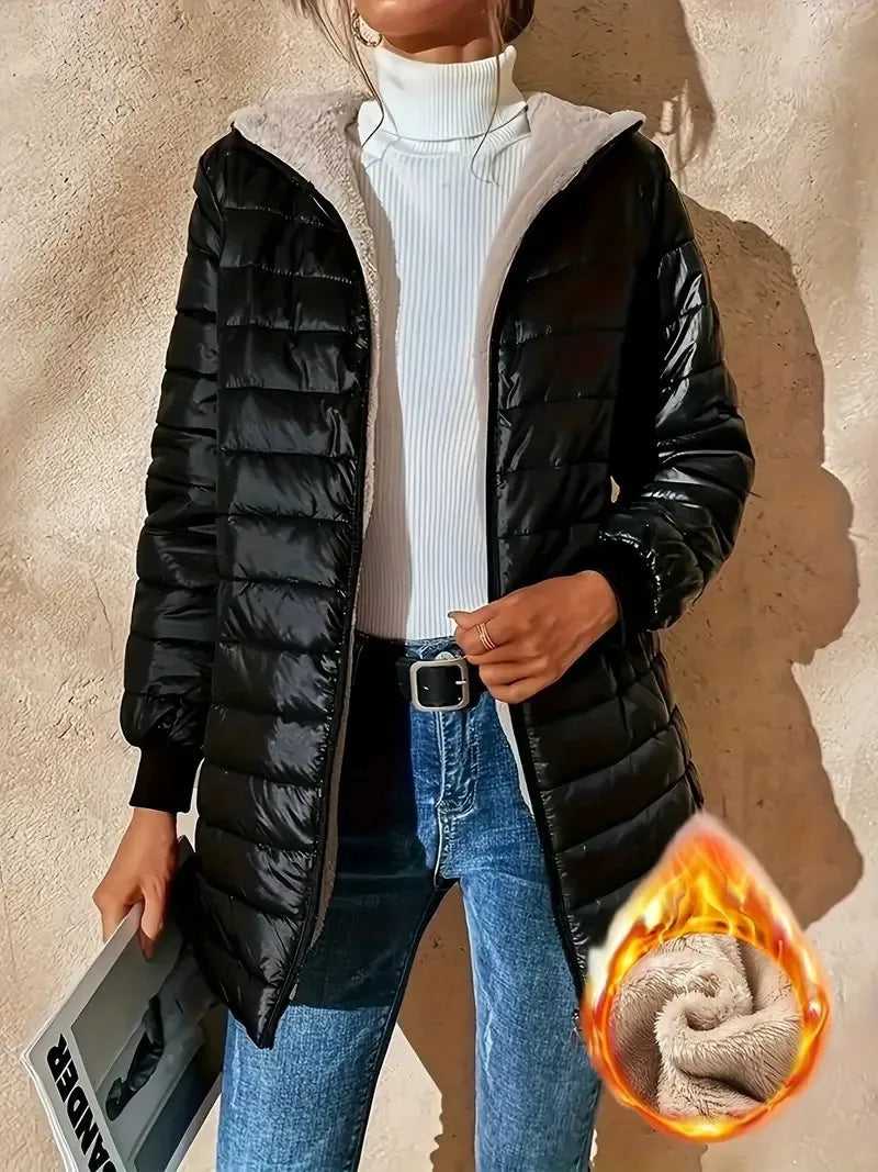 Women's fleece-lined cotton jacket, warm top, loose fit, lightweight, hooded, cotton coat, street style, trendy, autumn/winter