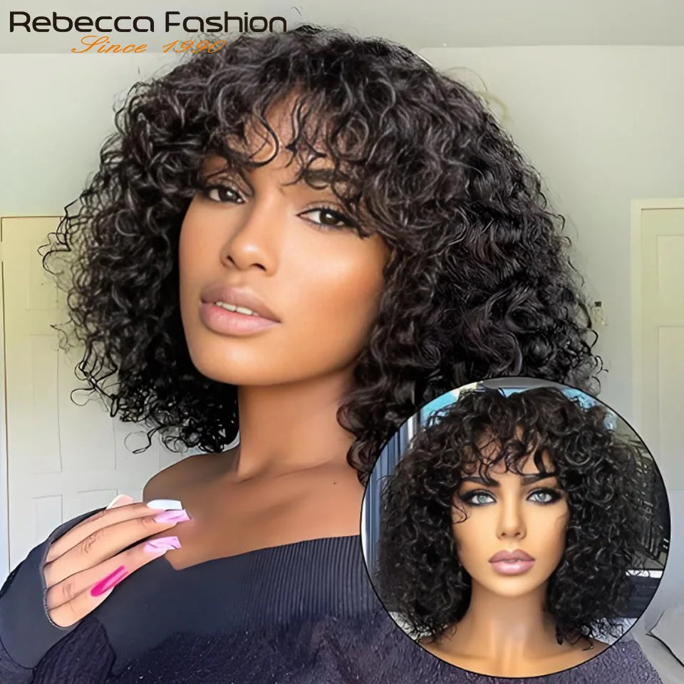Perruques de cheveux humains Pixie Cut Bob avec frange pour femme, perruque pleine machine bouclée, surbrillance, couleur blond miel, court, caution