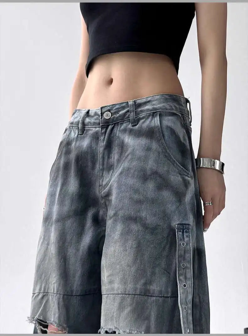 Femmes jean pantalon américain haute rue déchiré droit jambe large jean pour femmes conception cravate-teinture Jazz danse Cargo pleine mince jean