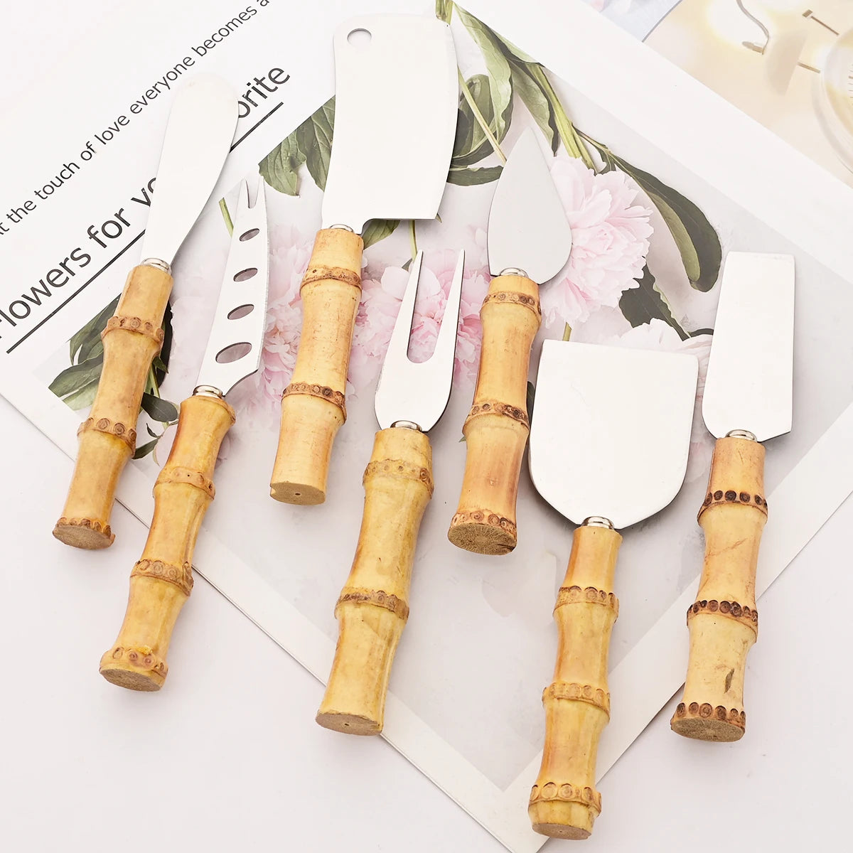 Ensemble de couteaux à fromage en bambou, couverts à fromage, trancheur de fromage en acier inoxydable, Mini couteau couteau à beurre, spatule fourchette outils de cuisine