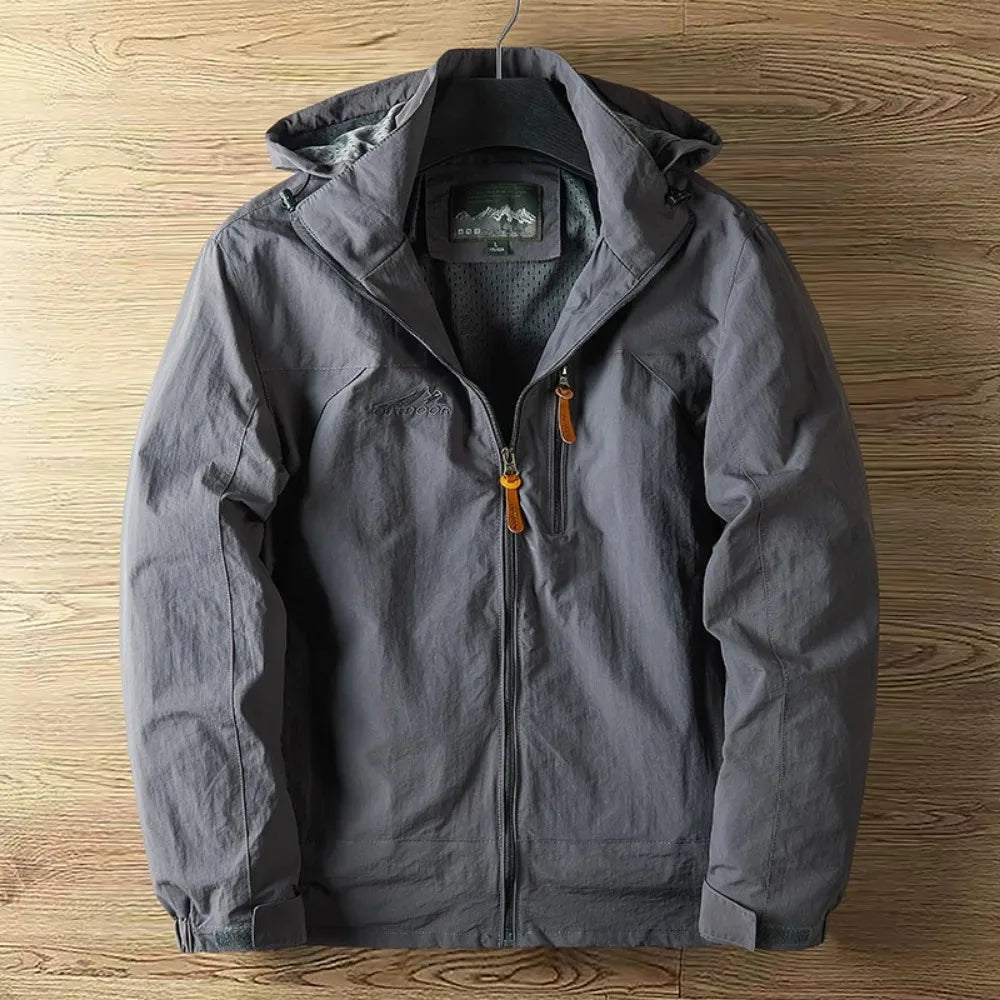 Men's casual outerwear jackets, spring and autumn fashion, slim fit, punch-hole jacket with hat, versatile men's streetwear