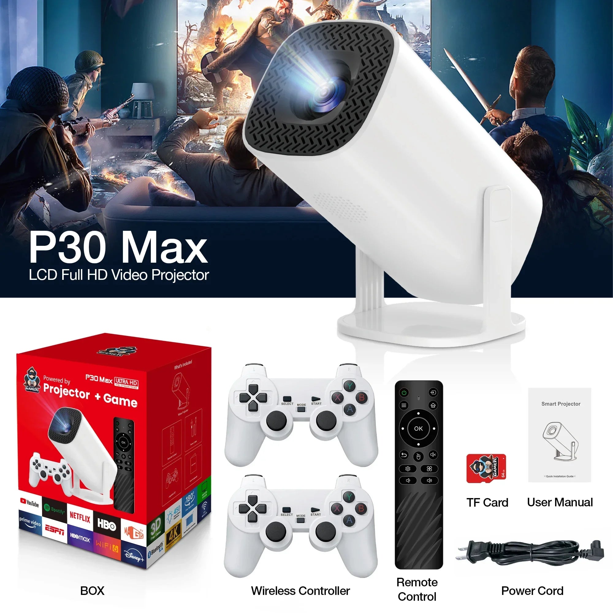 Projecteur de jeu 3D P30MAX, Console de jeu vidéo rétro, contrôleur sans fil 4K ULTRA HD, plug and play, Android11 BT5.0, cinéma maison 720P