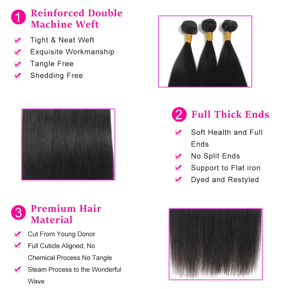 Fow Momen-Extensions de Cheveux Péruviens 100% Naturels Lisses, Tissage en Lot de 1/2/3/4 Paquets Richesse, 8-30 Pouces