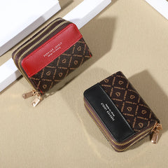 Mini faux leather wallet with double zipper, compact classic pouch, multiple card slots, matching pocket, RFID protection, chic 