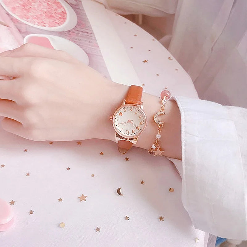 Nouvelle mode enfants amour cadran numérique enfants montre ensemble bracelet en cuir montres à Quartz enfant filles horloge enfants cadeau montre (sans boîte)