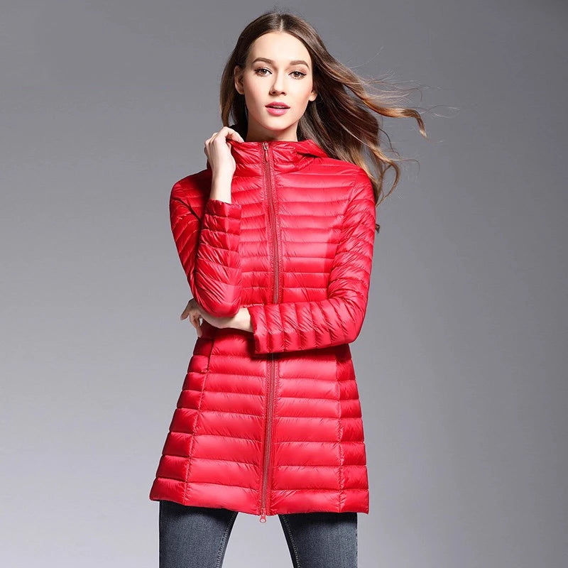 Femme printemps rembourré à capuche longue veste blanc canard vers le bas femme pardessus Ultra léger mince solide vestes manteau Portable Parkas