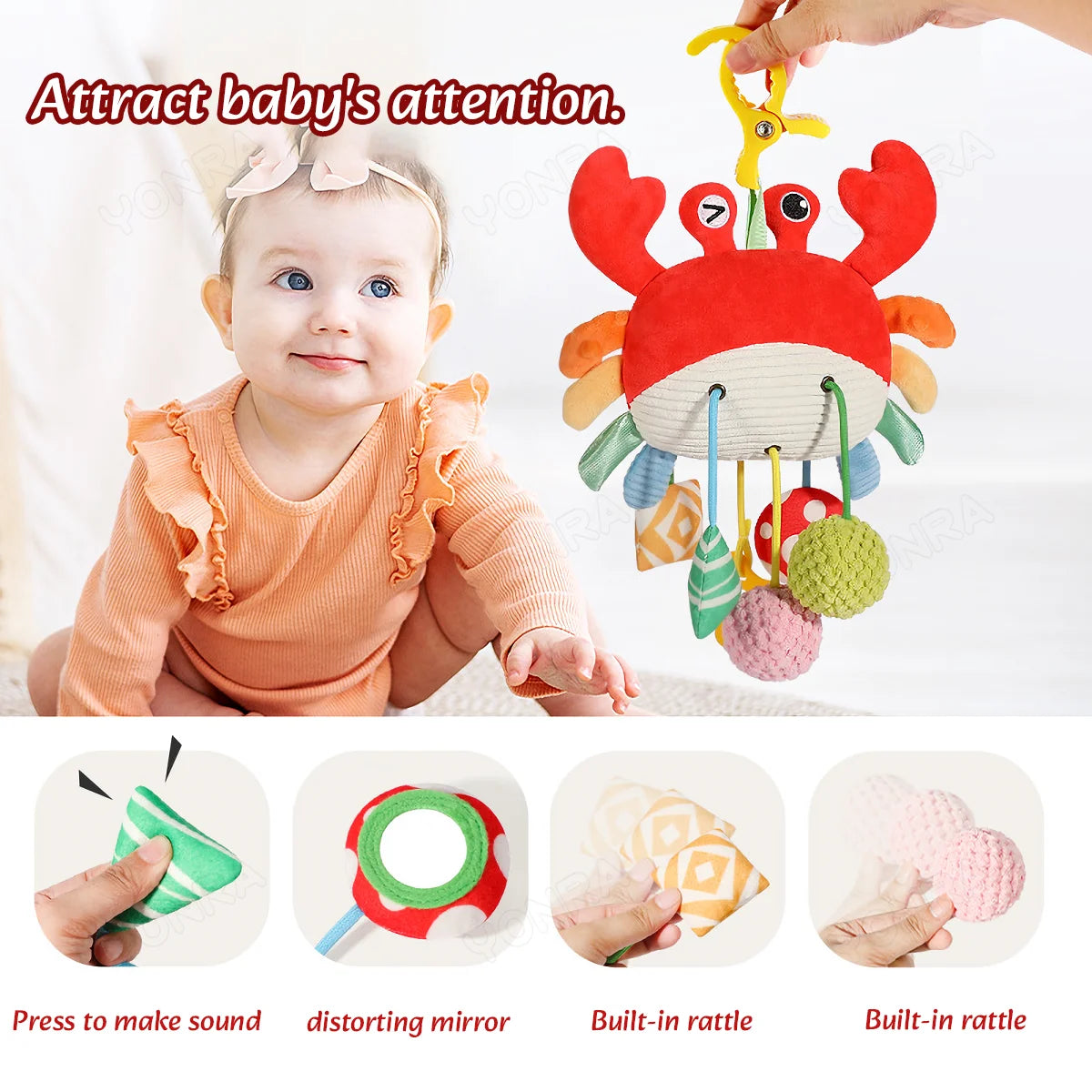 Jouets mentaires oriels de ficelle de nervure en peluche avec hochet, jouets Montessori pour bébés, tout-petits, berceaux, cadeaux d'anniversaire, jouets de voyage