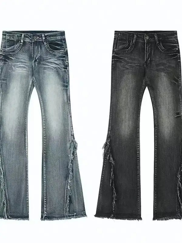 Women's Ruffled Denim Jeans, Retro American Style, Low Rise, High Elasticity, Slimming, Wide Leg, Mop Pants, Autumn
