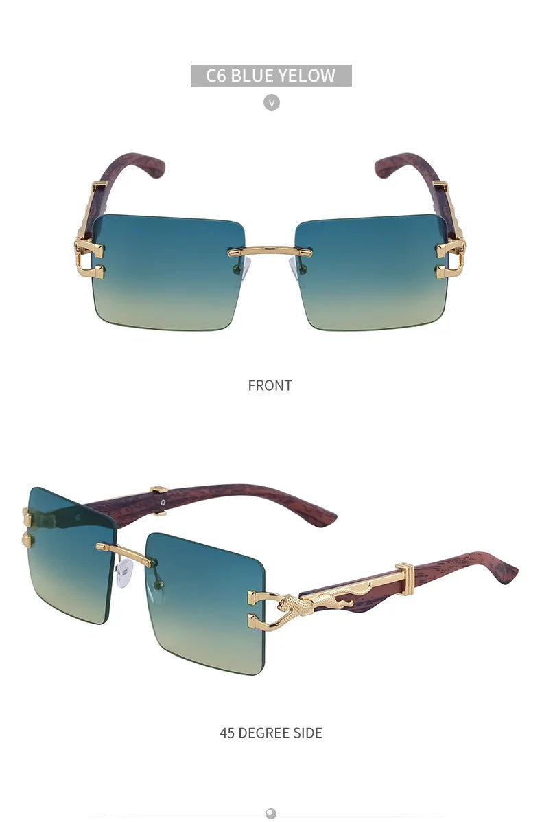 Frameless square wooden sunglasses for men and women, vintage, fashionable, luxury, retro, 2023