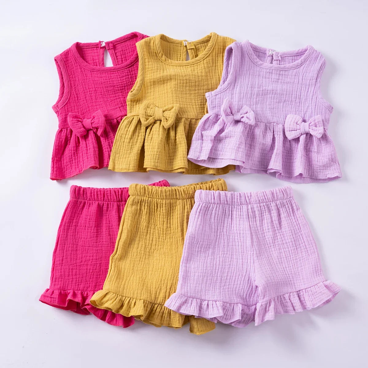 Costumes en mousseline de coton pour petites filles, couleur unie, gilet + short, ensemble de vêtements 2 pièces, sans manches, mignons et décontractés, tenues pour bébés filles