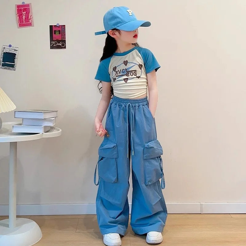 Girls' cargo pants, straight-leg spring pants with pockets, fashionable loose-fitting pants for teenagers aged 5 to 14