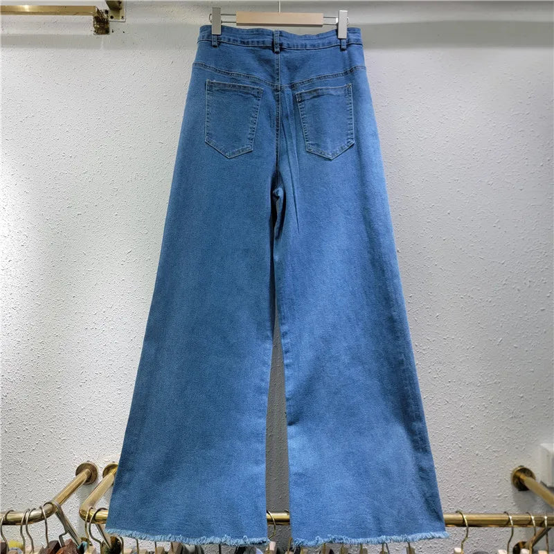 Women's high-waisted elastic jeans, floor-length pants, baggy pants, diamond beads, butterfly, wide leg, warm, casual, spring, autumn, new, 2025