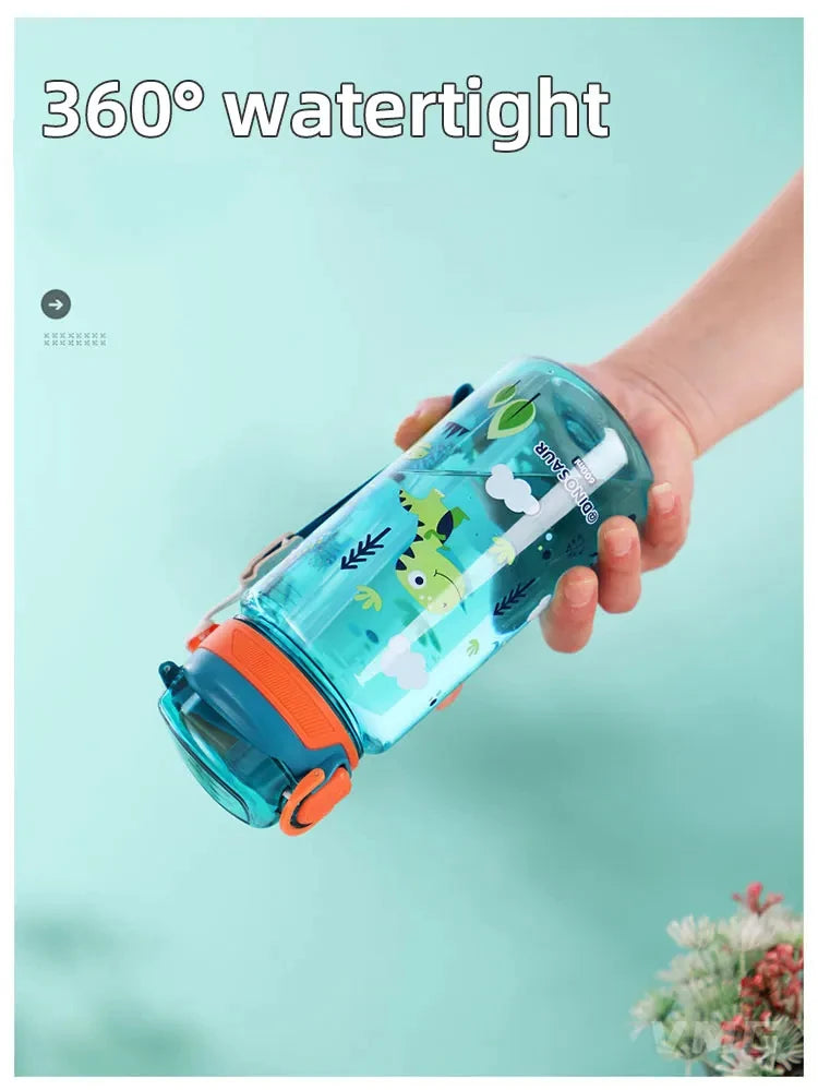 Bouteille d'eau dinosaure de 600ml pour enfants, tasse à bec avec paille en Silicone, bouteilles d'eau en plastique étanches, tasse d'eau d'été pour enfants