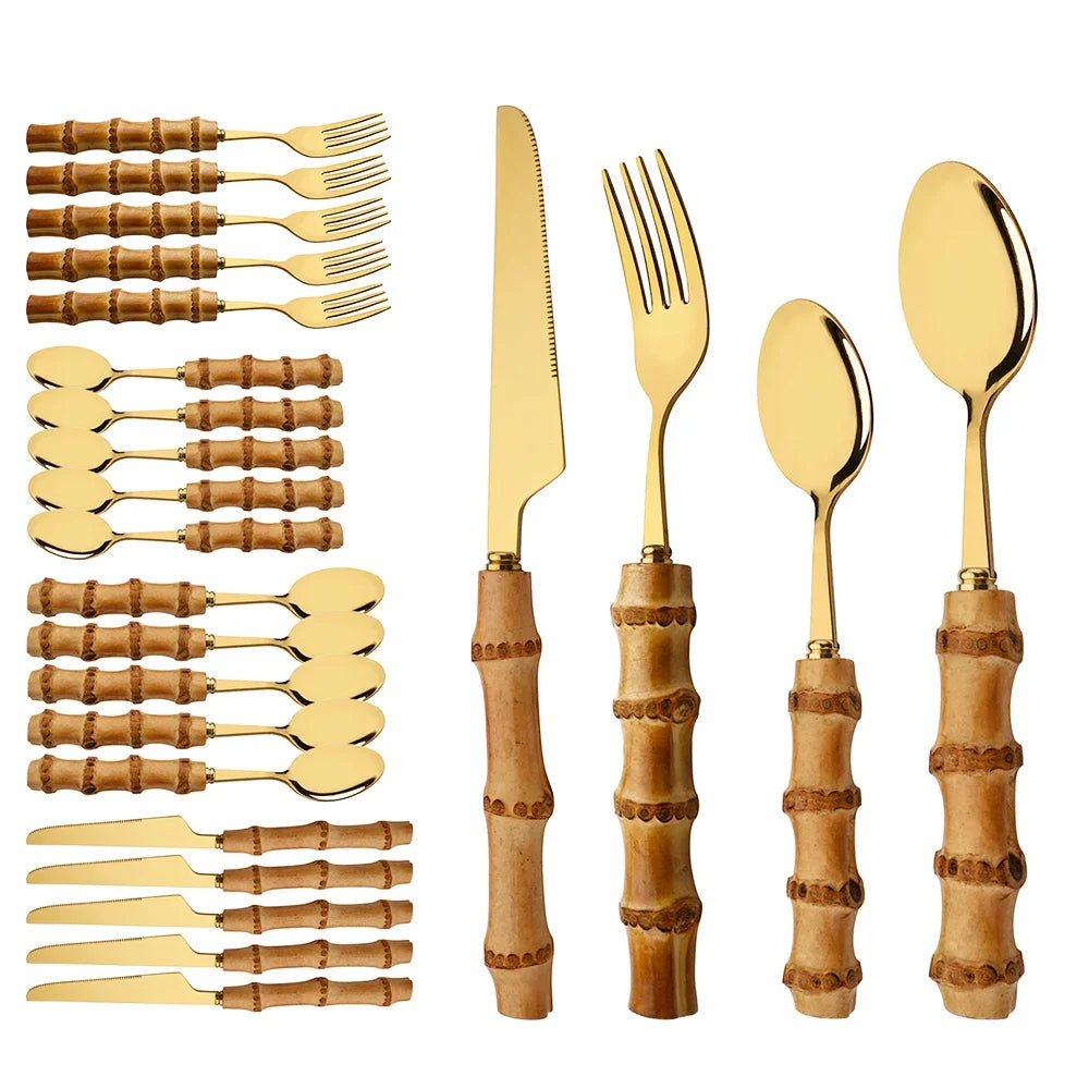 Couverts en acier inoxydable avec manche en bambou naturel, 24 pièces, service de table, couteau à steak