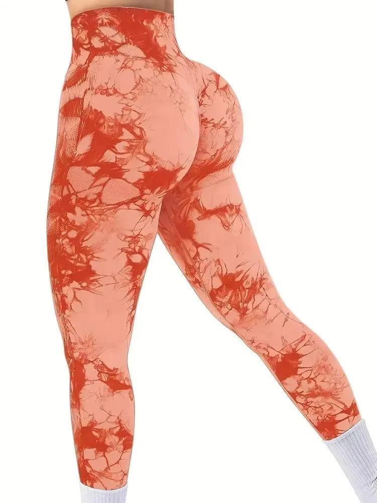 Collants femmes cravate colorant Leggings taille haute ascenseurs bout à bout contrôle du ventre Push Up sans couture pantalons de Yoga dames entraînement vêtements de sport