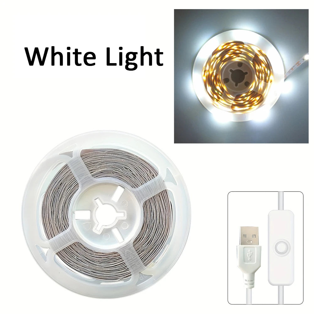 USB DC 5V 2835 LED strip light, white/warm white, with on/off switch, for bedroom, mirror, wardrobe, cabinet, TV