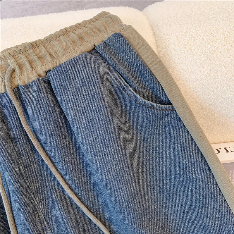 Ensemble pantalon en Denim, col montant, Patchwork, manteaux de rue, hauts à jambes larges, jean gothique droit, Vintage, ensemble deux pièces Simple