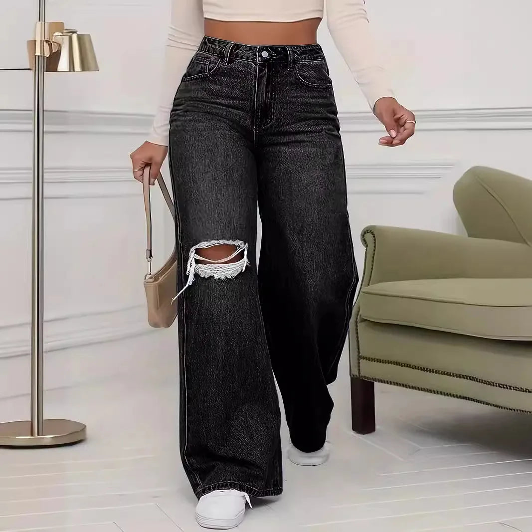 Pantalon en Denim à jambes larges pour femmes, ample, taille haute, trou de personnalité délavé, nouvelle mode classique décontractée, longueur au sol, quatre saisons