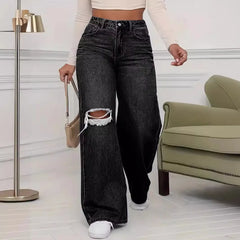 Pantalon en Denim à jambes larges pour femmes, ample, taille haute, trou de personnalité délavé, nouvelle mode classique décontractée, longueur au sol, quatre saisons