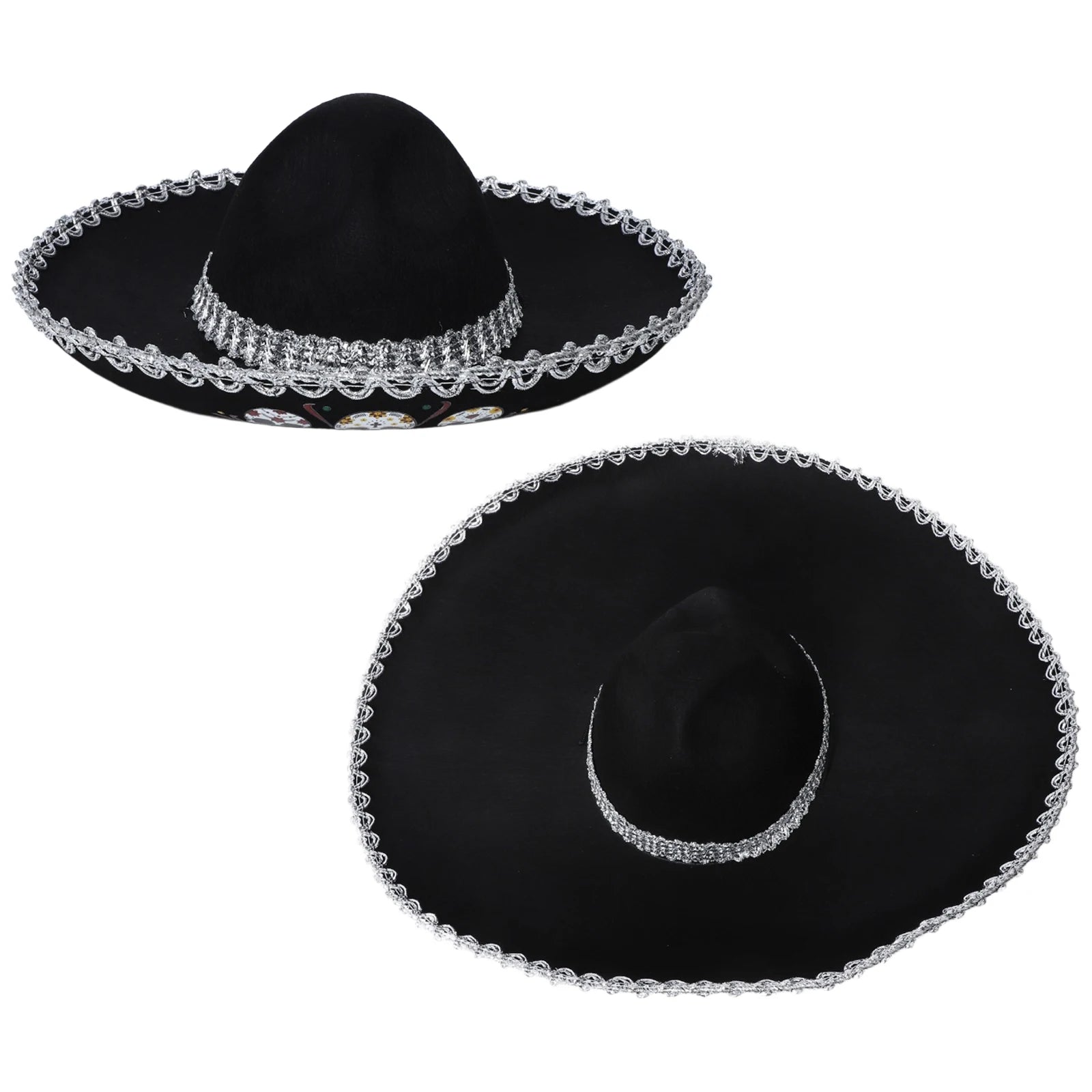 Chapeau mexicain unisexe pour adultes et enfants, motif de crâne tressé métallique, chapeau noir à large bord pour l'été, chapeau de soleil en plein air, accessoire de Cosplay d'halloween
